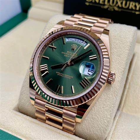 rolex day date rose gold with green dial|Rolex daydate 40 olive dial.